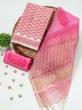 New Floral Hand Block Printed Cotton Suit With Organza Dupatta(BFOR69)